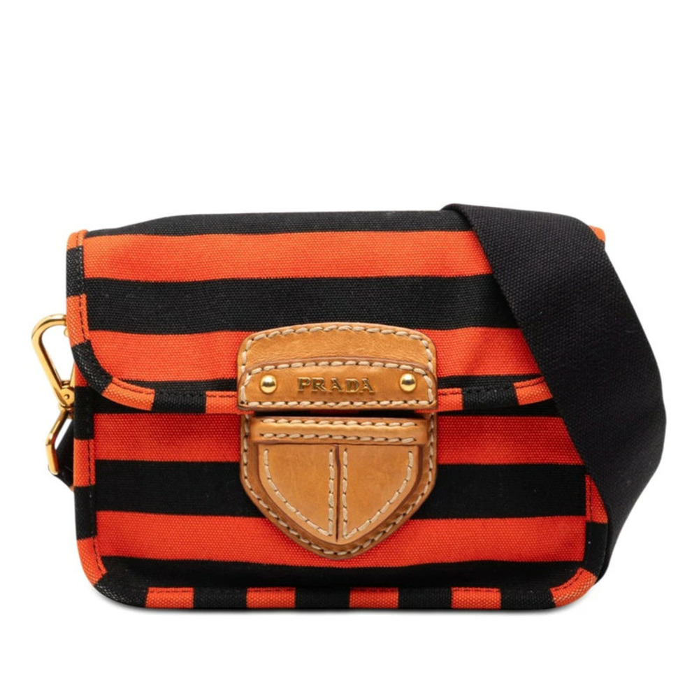 Prada Triangle Plate Canapa Border Shoulder Bag Orange Black Canvas Leather